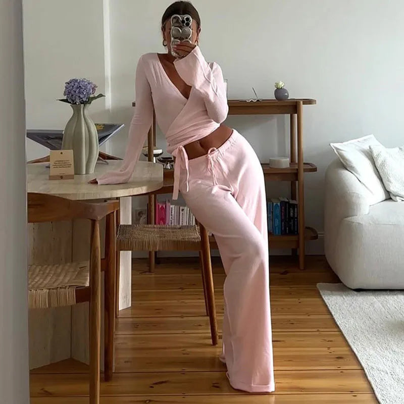 Women's pajamas - drawstring pants and wrap top