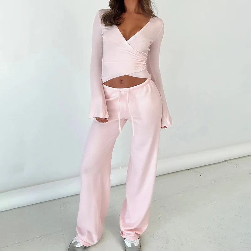 Women's pajamas - drawstring pants and wrap top