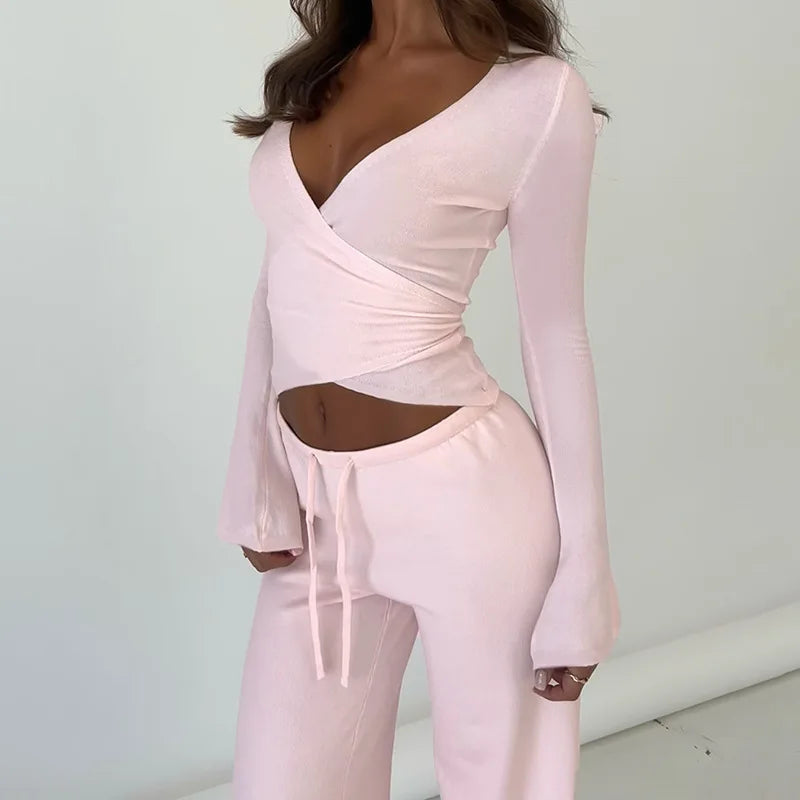 Women's pajamas - drawstring pants and wrap top