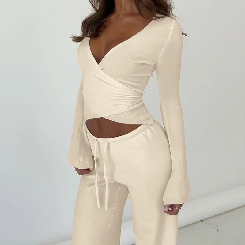 Women's pajamas - drawstring pants and wrap top